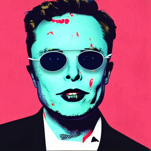 Prompt: the portrait of flabbergasted elon musk wearing aviator glasses, open - mouthed, astonished, surprised, thrilled, in desbelief. colorful pop art, modern art, by andy warhol