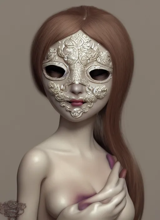 Image similar to closeup portrait a beautiful woman wearing a porcelain mask, moebius : 1 0, mark ryden : 5, popovy sisters : 1 0, intricate, hyperdetailed, bjd, trending on artstation : 3