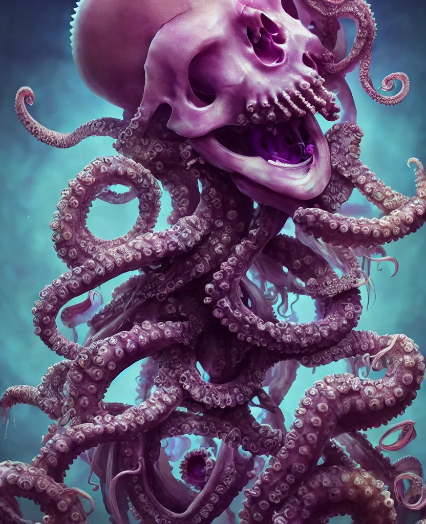 Image similar to goddess close - up portrait human skeleton, ram skull, octopus, jellyfish, orchid, betta fish, bioluminiscent, intricate artwork by tooth wu and wlop and beeple. octane render, trending on artstation, greg rutkowski very coherent symmetrical artwork. cinematic, hyper realism, high detail, octane render, 8 k