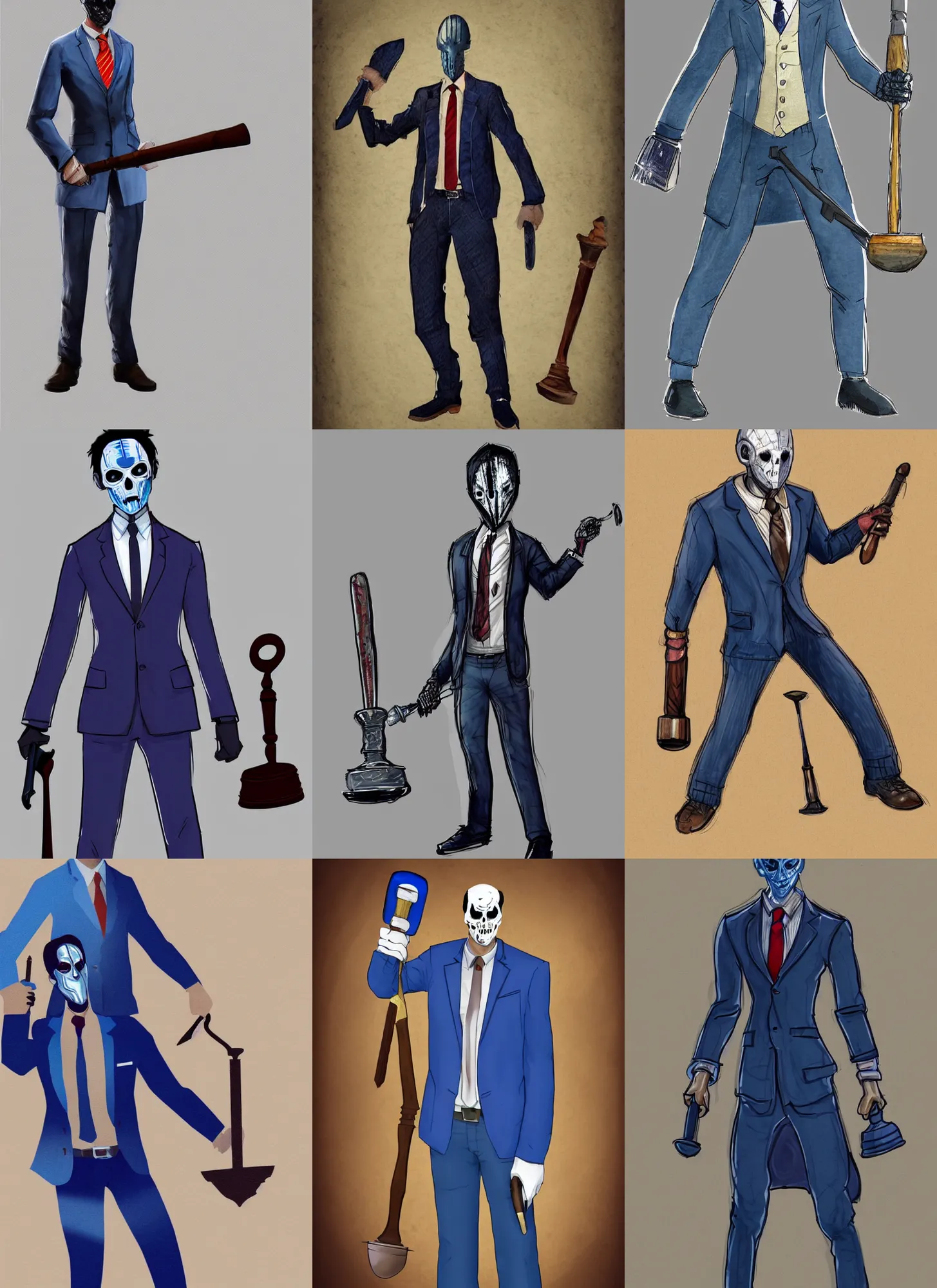 Prompt: concept art of a dead by daylight killer lawyer wearing a blue business suit with gavel hammer hands, character portrait