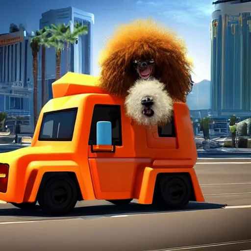 fluffy poodle driving a cybertruck in las vegas, [ Stable Diffusion