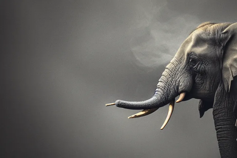 Prompt: ultra realistic nature photography, panoramic picture of ( subject : an elephant smoking a cigar ). smokey atmosphere, small thick clouds of cigar smoke, artstation, focus on the elephant's cigar, extremely hyperrealistic crisply sharp cigar, hyperrealistic smoke, sigma, 4 k