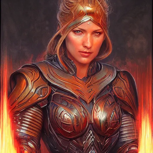 Image similar to the female flame knight, closeup portrait art by donato giancola and greg rutkowski, vintage retro, realistic face, digital art, trending on artstation, symmetry!!