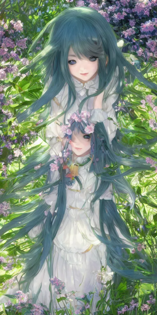 Image similar to a digital art full of atmosphere of a loli with long hair in a dress in the privet garden at after noon, green and warm theme, blue accents, low angle, back lighting, highly detailed, 4 k resolution, trending on art station, by krenz cushart and mucha and akihito yoshida and greg rutkowski and