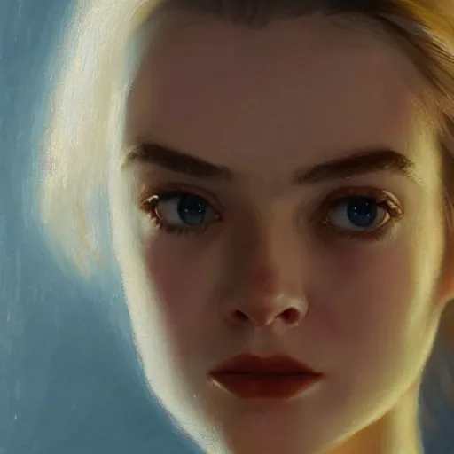 Image similar to ultra realistic head and shoulders portrait painting of elle fanning in prey, art by frank frazetta, 4 k, ultra realistic, highly detailed, epic lighting