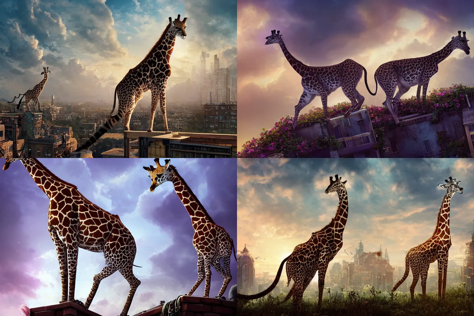 Prompt: a cat as giraffe standing on the rooftop, fantasy, illustration, intricate, epic lighting, cinematic composition, hyper realistic, 8 k resolution, unreal engine 5, by artgerm, tooth wu, dan mumford, beeple, wlop, rossdraws, james jean, andrei riabovitchev, marc simonetti, yoshitaka amano, artstation