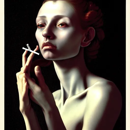 Image similar to Colour Caravaggio style Photography of Beautiful woman with highly detailed 1000 years old face wearing higly detailed sci-fi halo above head designed by Josan Gonzalez. Woman holding cigarette between fingers in her hand, Many details by Kidmograph . In style of Josan Gonzalez and Mike Winkelmann andgreg rutkowski and alphonse muchaand Caspar David Friedrich and Stephen Hickman and James Gurney and Hiromasa Ogura. volumetric natural light