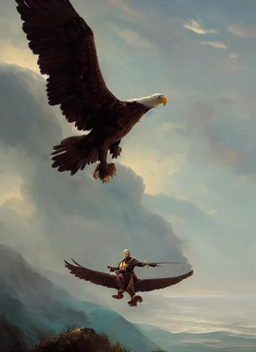 Prompt: epic action portrait of george washington soaring on backs of a giant bald eagle by greg rutkowski, fantasy