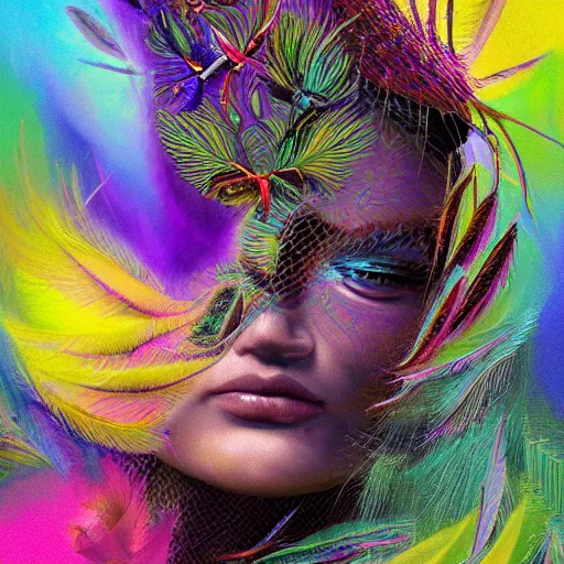 Image similar to A reality bending psychedelic ayahuasca experience, colorful, distorted, surreal, tropical bird feathers, dramatic lighting on the face, intricate, elegant, highly detailed, digital painting, concept art, smooth, sharp focus, fireflies illuminate small parts, illustration, art by Krenz Cushart and Wayne Barlowe and Jon Foster