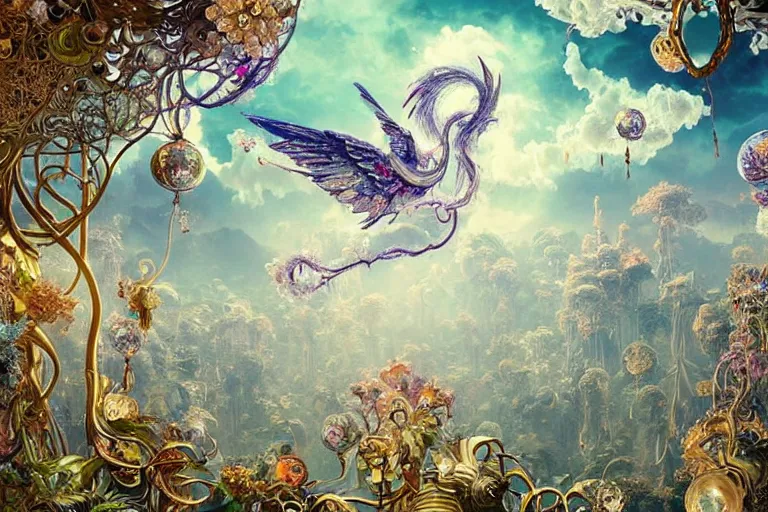 Image similar to a huge flock of many ornate intricate puffy filigreed clouds tangled into large whirling ultra detailed crystal specimens, art nouveau jungle environment, playful, award winning art, epic dreamlike fantasy landscape, ultra realistic,