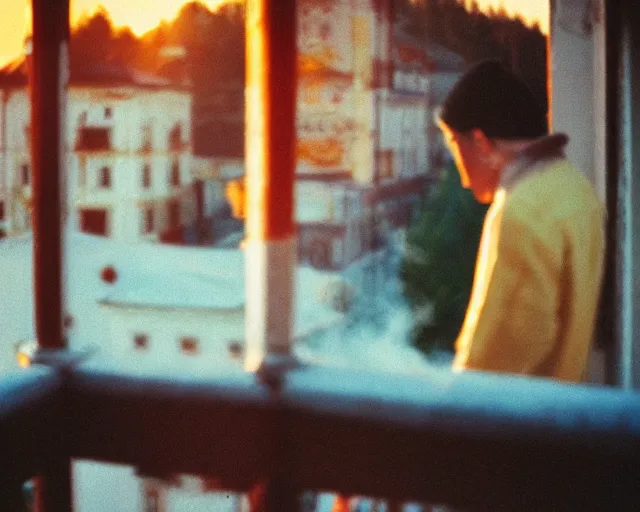 Image similar to lomo photo of pair standing on small hrushevka balcony full with cigarette smoke in small russian town looking at sunset, cinestill, bokeh