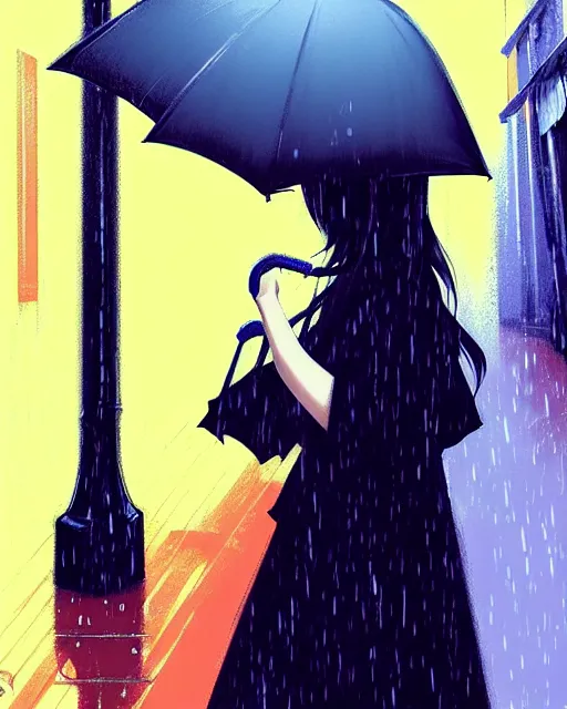 Prompt: cute girl with umbrella in the rain, walking in an alley. | very very anime!!!, fine - face, audrey plaza, realistic shaded perfect face, fine details. anime. realistic shaded lighting poster by ilya kuvshinov katsuhiro otomo ghost, magali villeneuve, artgerm, jeremy lipkin and michael garmash and rob rey