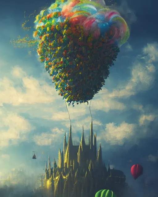 Image similar to flying cloud castle, buildings, baloons, atmosphere, glow, detailed, full of colour, cinematic lighting, trending on artstation, 4 k, hyperrealistic, extreme details, bright, blue sky, mountains, fantasy, masterpiece, art by wylie beckert