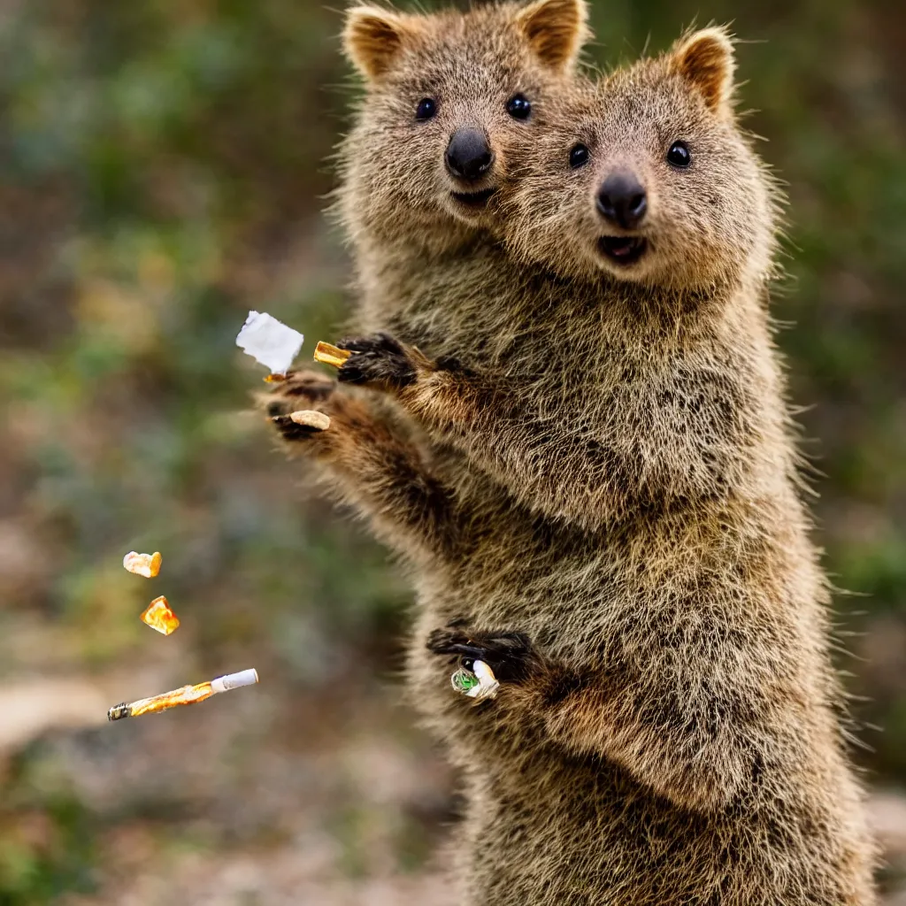 Image similar to happy quokka taking a smoking a joint and eating candy, golden hour, ultra realistic