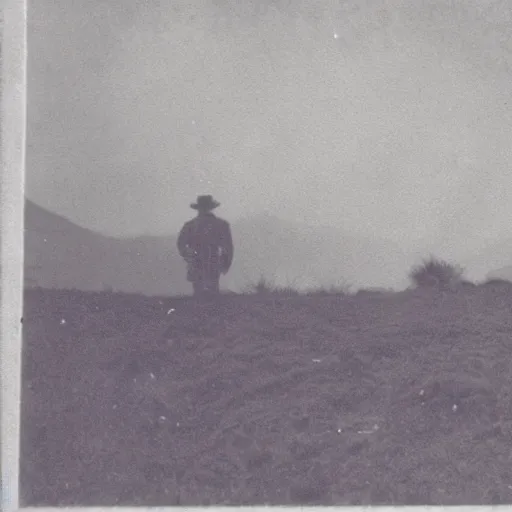 Image similar to old photo of a creepy landscape, mysterious figure in the distance