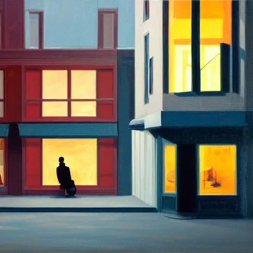 Image similar to a lonely street at night with a sad man in a jacket sitting on the street, in the style of Edward Hopper, 4K,