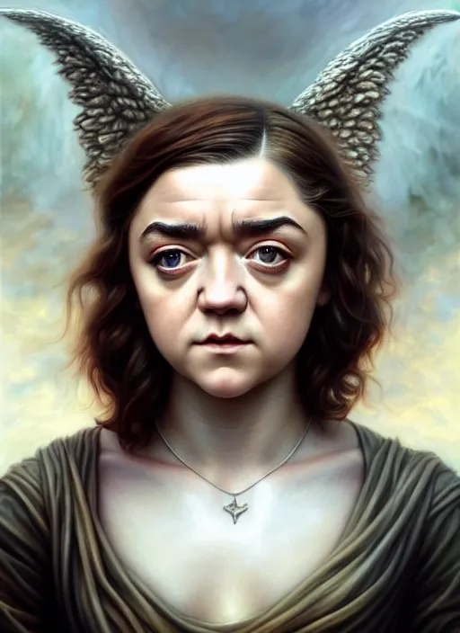 Prompt: maisie williams as an angel, aesthetic, fine art, intricate, elegant, highly detailed, realistic hair, centered, digital painting, art station, conceptual art, soft, sharp focus, illustration, artwork, artgerm, tomasz alen kopera, peter mohrbacher, donato giancola