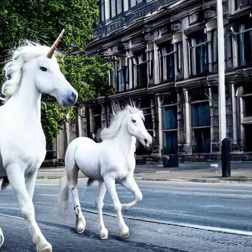 Image similar to two white unicorns riding bikes in city street, photoreal