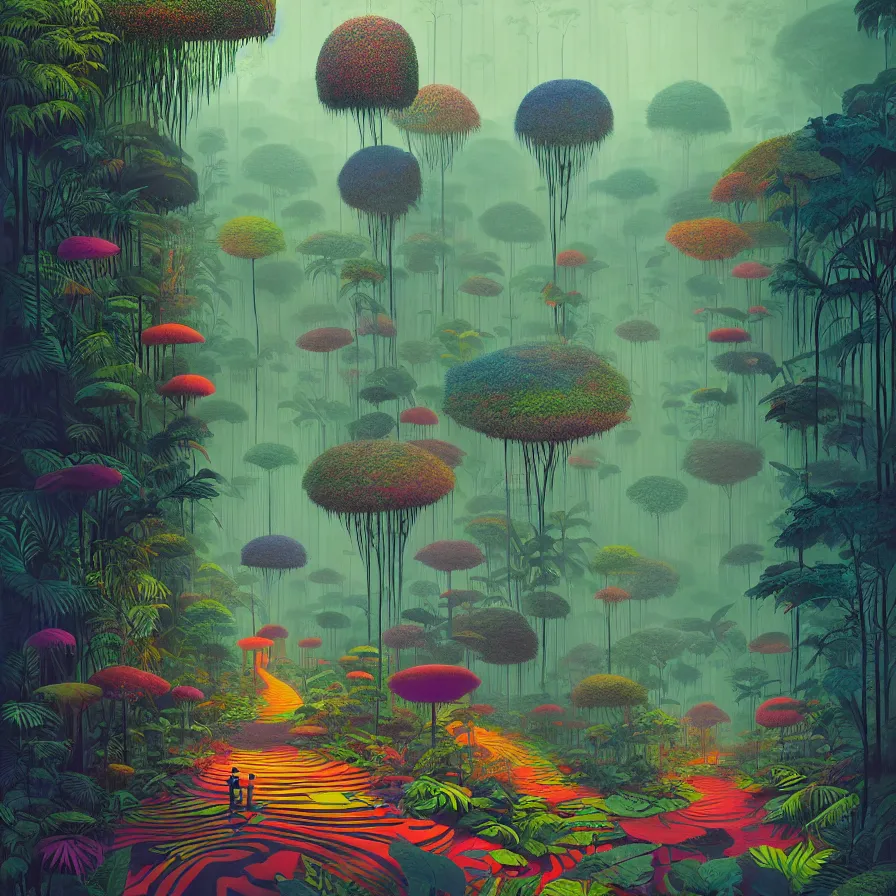 Image similar to surreal glimpse, malaysia jungle, summer morning, very coherent and colorful high contrast art by gediminas pranckevicius james gilleard james gurney floralpunk screen printing woodblock, dark shadows, pastel color, hard lighting, stippled light, art nouveau, film noir