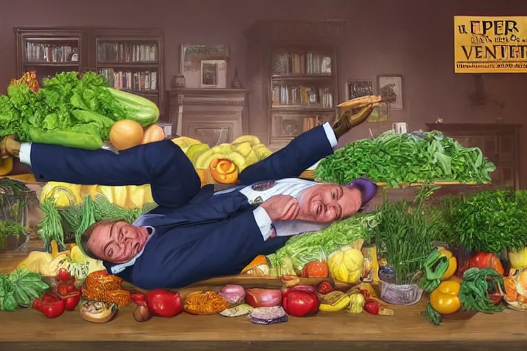 Prompt: nigel farage laying on top of vegetables on a table, a bronze sculpture by jeff a. menges, trending on pinterest, hyperrealism, hyper - realistic, hyper realism, playstation 5 screenshot