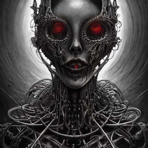 Image similar to a portrait of a beautiful biomechanical queen of necropolis, horror concept art by giger and beksinski and szukalski, digital art, highly detailed, intricate, sci-fi, sharp focus, Trending on Artstation HQ, deviantart, unreal engine 5, 4K UHD image