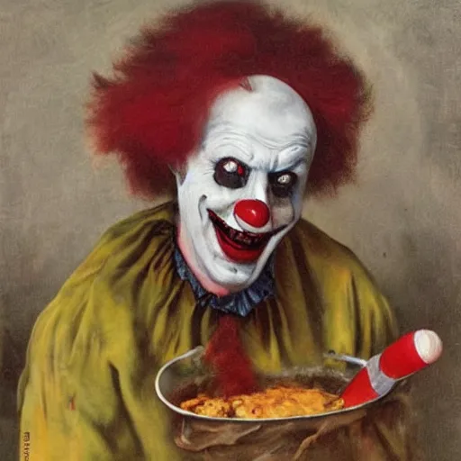 Prompt: ronald mcdonald snacking on dead children, horror clown, oil painting by jan matejko