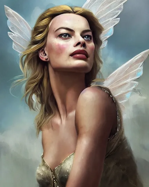 Image similar to margot robbie as a fairy with wings, hyper realistic face, beautiful eyes, fantasy art, in the style of greg rutkowski
