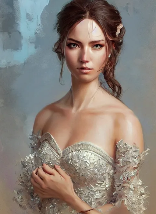 Image similar to a beautiful woman in an elaborate ballgown. beautiful highly detailed face, looking directly at the viewer. painting by artgerm and greg rutkowski and magali villanueve.