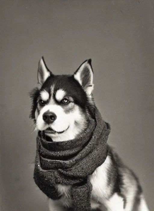 Prompt: late 1 8 0 0 s daugerrotype photograph of a happy husky dog wearing a scarf