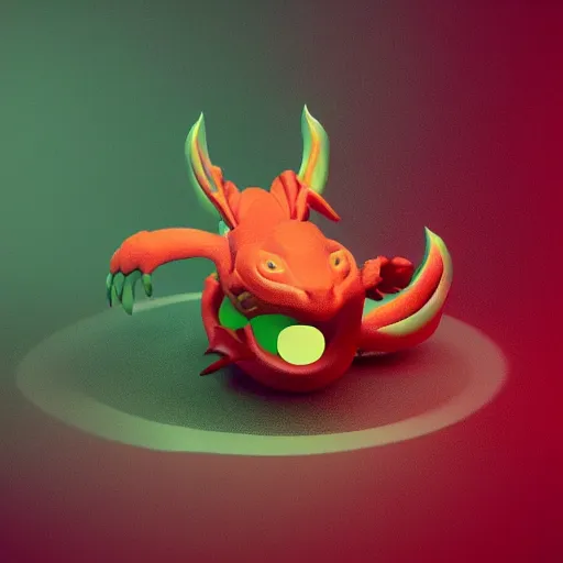 Image similar to “ baby dragon, red with yellow eyes, blender 3 d image, smooth, high quality, blue floor, 8 k ”
