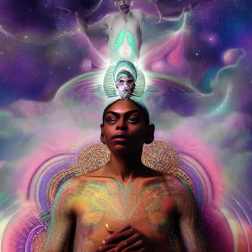 Image similar to obatala the cosmic god sitting on a throne of nebula clouds, by Adi granov and afarin sajedi and amanda sage in a psychedelic portrait style, ultrarealistic matte painting, volumetric lighting, piercing eyes, highly detailed face, orisha, 8k, hd