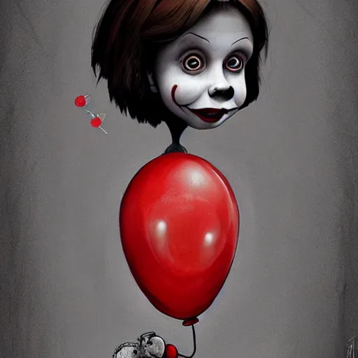Image similar to surrealism grunge cartoon portrait sketch of millie bobby brown with a wide smile and a red balloon by - michael karcz, loony toons style, pennywise style, horror theme, detailed, elegant, intricate