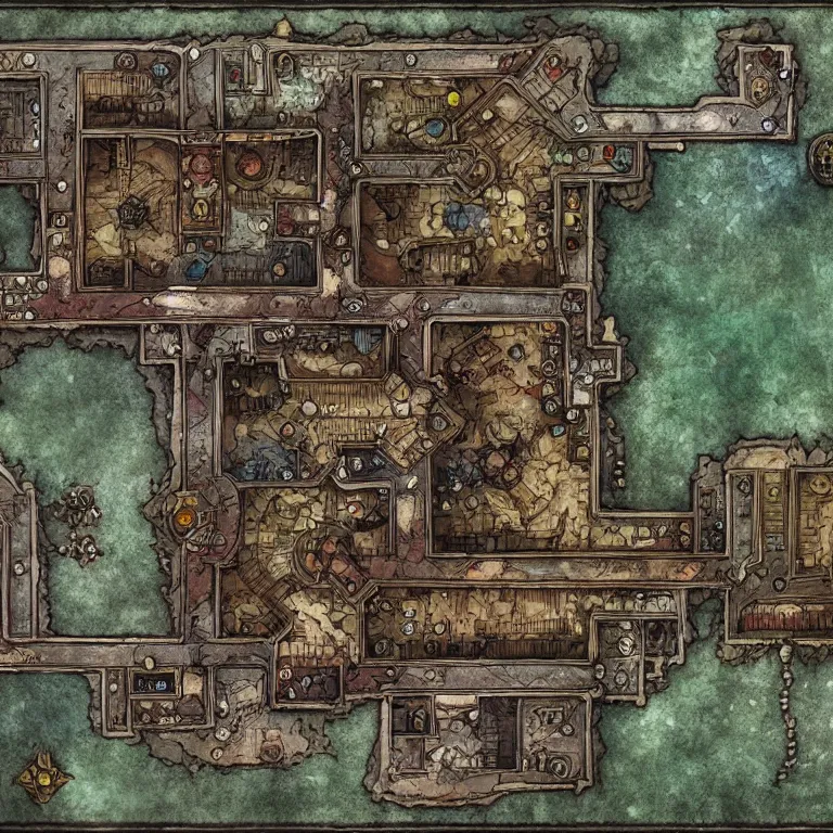 Image similar to full - color fantasy floor plan map of a dungeon, d & d, pathfinder, by jeff todd and greg rutkowski, trending on artstation, pinterest