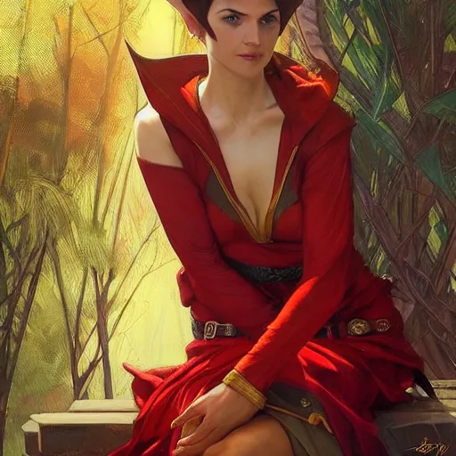 Image similar to statuesque elf resting, short hair, red and gold clothes, sharp focus, intricate, smooth, ultra realistic digital art, d & d, high fantasy, pointed ears, elegant, by artgerm, greg rutkowski, raymond swanland, alphonse mucha