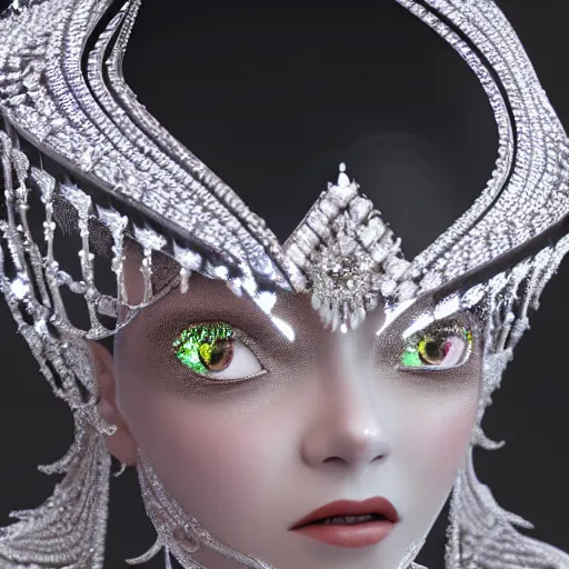 Image similar to portrait of wonderful asian princess of white diamond with fair skin, ornate with white diamonds, 8 k, gorgeous, intricate, hyper detailed, glowing white accent lighting, dramatic lighting, octane render