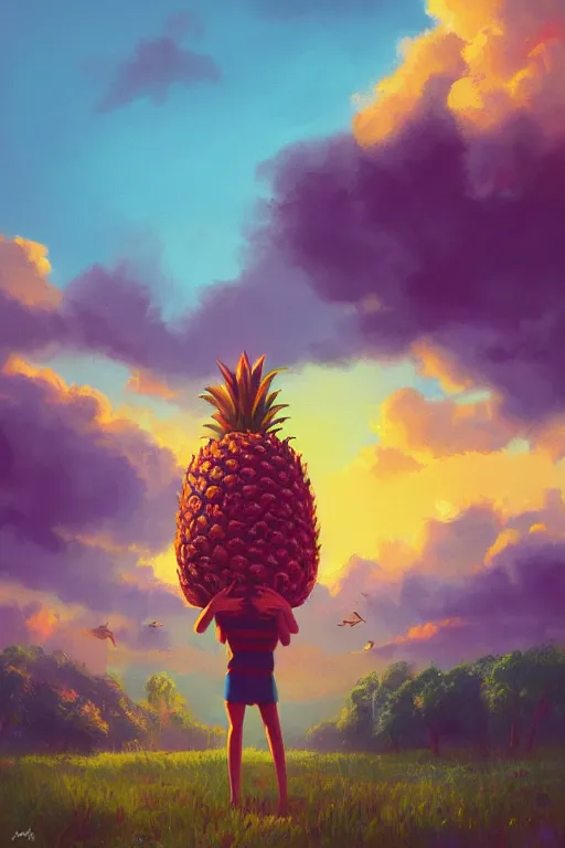 Prompt: closeup, a giant pineapple head, girl surrounded by djungle, surreal photography, golden hour, colorful clouds, impressionist painting, digital painting, artstation, simon stalenhag