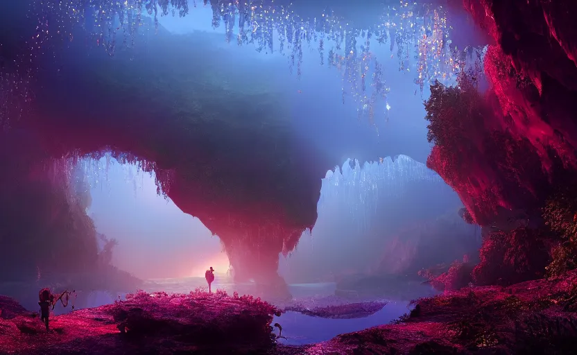 Image similar to a beautiful and stunning digital render of a humongous opal cave, dimly glowing crystals, vines, haze, waterfall, volumetric lighting, photorealistic, red sky, sunset, unreal engine 5, ultra detail, trending on artstation