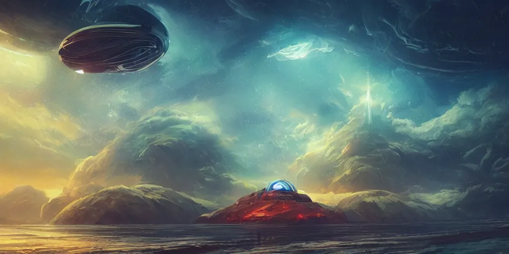 Prompt: space ship above an island, epic landscape, scifi, foggy, concept art, hurricane, futuristic city on island, cinematic lighting, beautiful, perfect, extreme detail, tesla coils on the beach, high quality, art by alena aenami and thomas cole and thomas kinkade