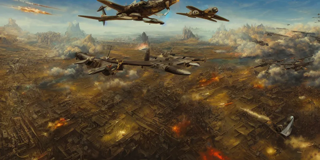 Prompt: airplane battle, ww2, world war 2, wide shot, by Jason Felix by Steve Argyle by Tyler Jacobson by Peter Mohrbacher, oil painting, matte painting, artistic, painting, art