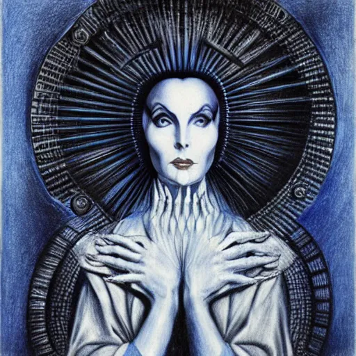 Image similar to Norma Desmond, pencil drawing. El Greco, Remedios Varo, Salvador Dali, Carl Gustav Carus, John Atkinson Grimshaw. Blue tint. Symetrical, logo, geometric shapes.