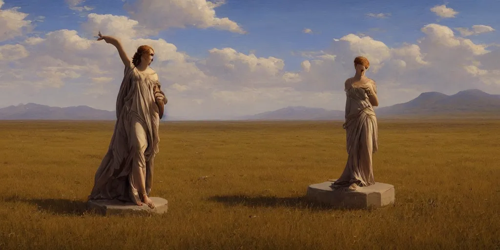 Image similar to Lone statue in a vast field by Alexander Averin and Charlie Bowater and Guillaume Seignac and Charles Edward Perugini