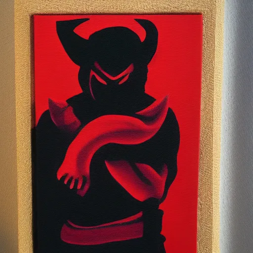 Image similar to Demon ninja warrior, Acrylic on canvas, low-key lighting, low angle, somber, sinister, doom, haunting