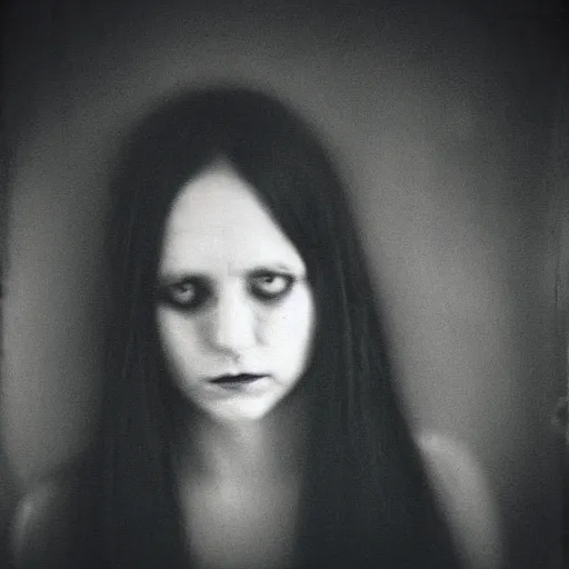 Prompt: selfie of a woman with long hair standing in a dark room, a black and white photo by katia chausheva, tumblr, massurrealism, demonic photograph, creepypasta, horror film