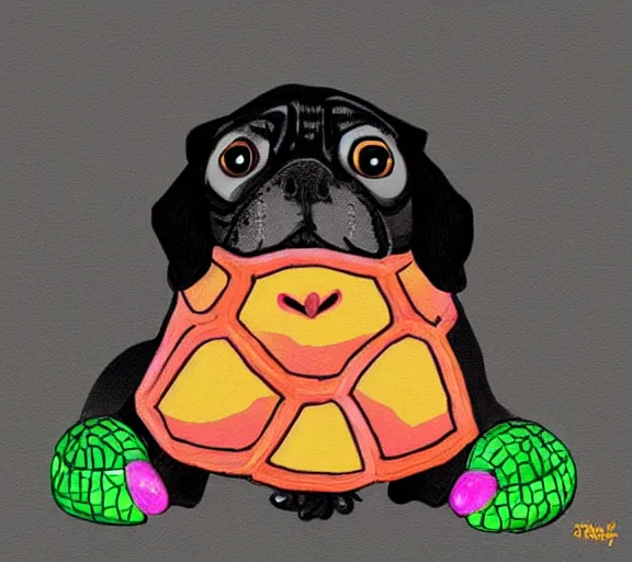 Image similar to a cute black pug wearing a cute turtle outfit, digital art, colourful
