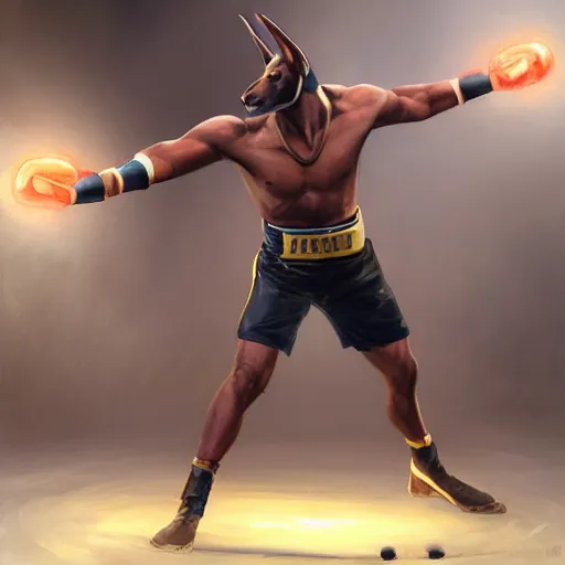 Image similar to anubis as a boxer ready to take on the world champ, boxing ring, strong spotlights, 4 k, trending on artstation, sakimichan, craig mullins, artgerm, greg rutkowski