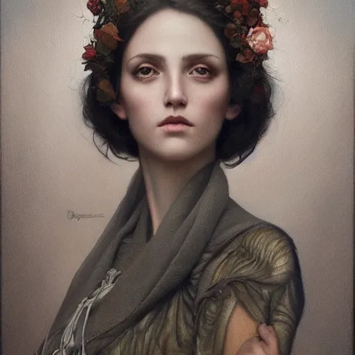 Prompt: a painting of a woman with two other women, an oil on canvas painting by tom bagshaw, featured on cgsociety, figurative art, ilya kuvshinov, pre - raphaelite, detailed painting