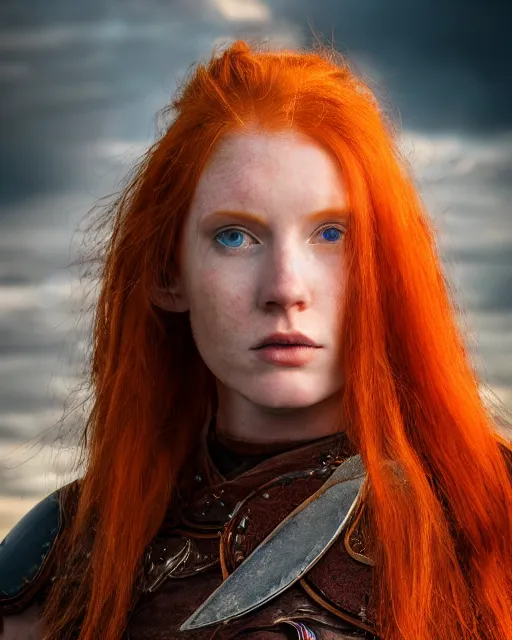 Prompt: north adult female warrior, red hair, ginger hair, long hair, fantasy, female Viking, high detailed, photography, cloudy, lightweight leather armour, Scandinavia, plain, detailed face, beautiful face, beautiful girl, look into the distance, professional model, glowing skin, serious face, full body,in full growth, professional photographer, masterpiece, 50 mm, 8k, 3D