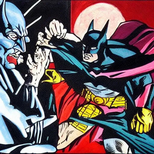 Image similar to a biblical duel between Batman and Satan, oil painting, 8k, Frank Miller