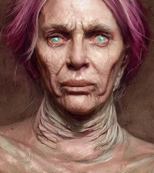 Image similar to full portrait of a hag, ugly woman, rough features, warts, long hook nose, muscular, half body, cloth, pink hair, d & d, fantasy, intricate, highly detailed, digital painting, artstation, concept art, smooth, sharp focus, illustration, art by artgerm and greg rutkowski and alphonse mucha