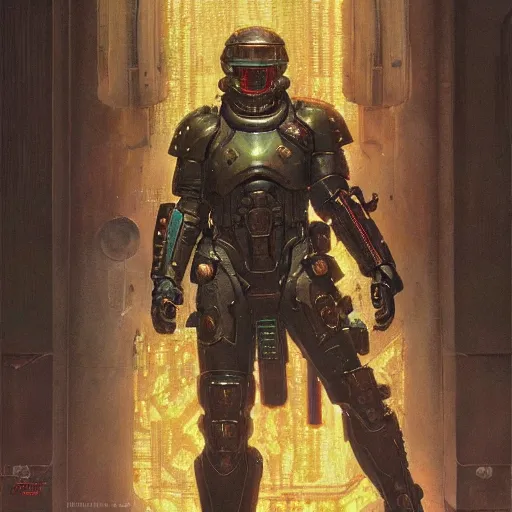 Image similar to the doomslayer as a cyberpunk knight, closeup portrait art by norman rockwell and donato giancola and greg rutkowski